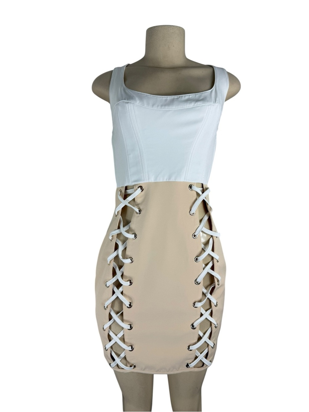 HOUSE OF CB White Corset Bodice & Beige Lace-Up Mini Dress Size Medium - Picture 4 of 8